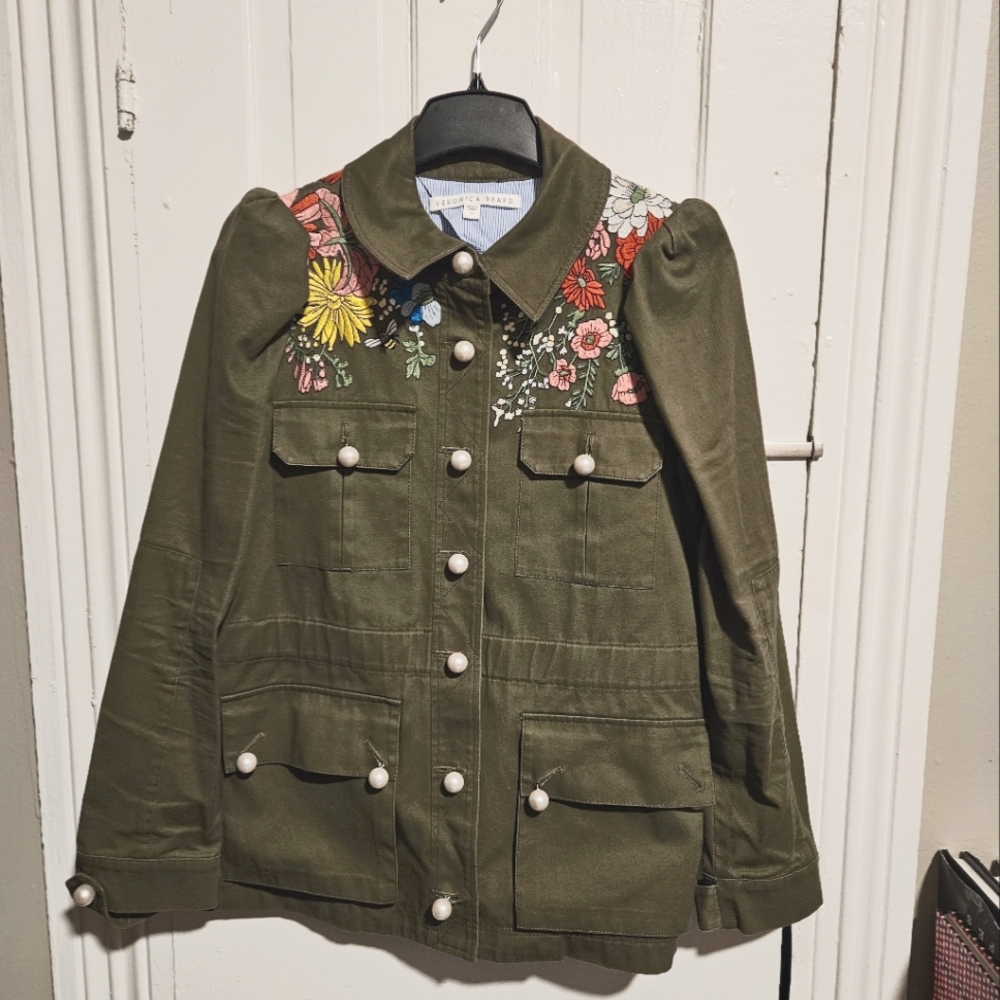 Veronica Beard Huxley Embroidered Jacket military designer spring olive green